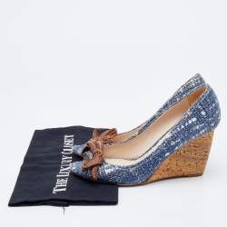 Pre Owned Prada Blue Tweed Bow Wedge Peep Toe Pumps Size 37.5