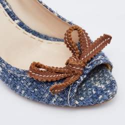 Pre Owned Prada Blue Tweed Bow Wedge Peep Toe Pumps Size 37.5