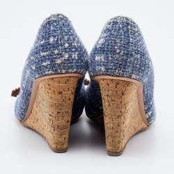 Pre Owned Prada Blue Tweed Bow Wedge Peep Toe Pumps Size 37.5