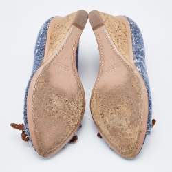 Pre Owned Prada Blue Tweed Bow Wedge Peep Toe Pumps Size 37.5