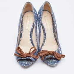 Pre Owned Prada Blue Tweed Bow Wedge Peep Toe Pumps Size 37.5