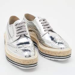 Pre Owned Prada Silver Brogue Leather Derby Espadrille Sneakers Size 36.5