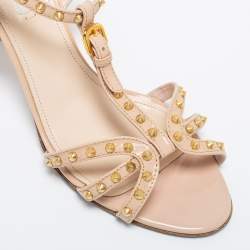 Pre Owned Prada Beige Patent Leather Studded T-Strap Sandals Size 37.5