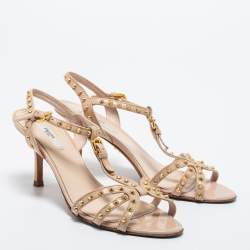 Pre Owned Prada Beige Patent Leather Studded T-Strap Sandals Size 37.5