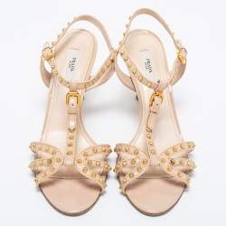 Pre Owned Prada Beige Patent Leather Studded T-Strap Sandals Size 37.5