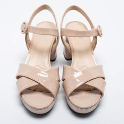 Prada Beige Patent Leather Crisscross Ankle Sandals Size 38