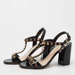 Prada Black Patent Leather Studded T-Bar Ankle Strap Sandals Size 38