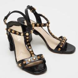 Prada Black Patent Leather Studded T-Bar Ankle Strap Sandals Size 38