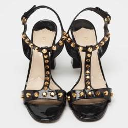 Prada Black Patent Leather Studded T-Bar Ankle Strap Sandals Size 38