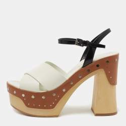 Pre Owned Prada White/Black Leather Ankle Strap Sandals Size 37