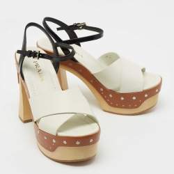 Pre Owned Prada White/Black Leather Ankle Strap Sandals Size 37