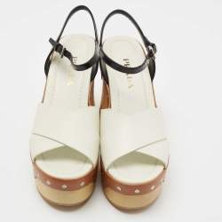 Pre Owned Prada White/Black Leather Ankle Strap Sandals Size 37