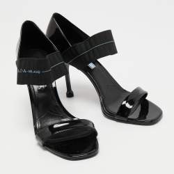 Prada Black Patent Leather and Logo Elastic Ankle Strap Sandals Size 39