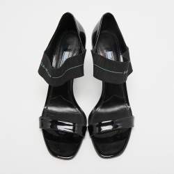 Prada Black Patent Leather and Logo Elastic Ankle Strap Sandals Size 39