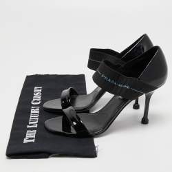 Prada Black Patent Leather and Logo Elastic Ankle Strap Sandals Size 39