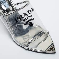 Prada Silver PVC and Patent Leather Logo Sandals Size 40