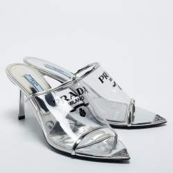 Prada Silver PVC and Patent Leather Logo Sandals Size 40