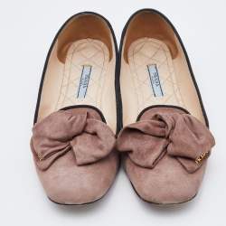 Pre Owned Prada Light Brown Suede Bow Smoking Slippers Size 37