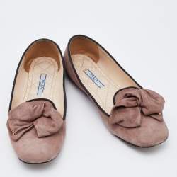 Pre Owned Prada Light Brown Suede Bow Smoking Slippers Size 37