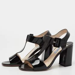 Prada Black Patent Leather T-Strap Block Heel Sandals Size 38
