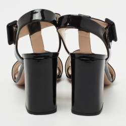 Prada Black Patent Leather T-Strap Block Heel Sandals Size 38