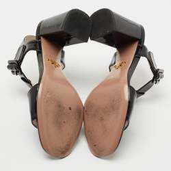 Prada Black Patent Leather T-Strap Block Heel Sandals Size 38