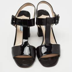 Prada Black Patent Leather T-Strap Block Heel Sandals Size 38