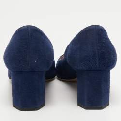 Pre Owned Prada Navy Blue Suede Hexagon Heel Pumps Size 37.5