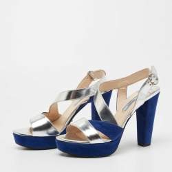 Pre Owned Prada Silver/Blue Leather and Suede Strappy Platform Sandals Size 37