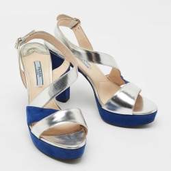 Pre Owned Prada Silver/Blue Leather and Suede Strappy Platform Sandals Size 37