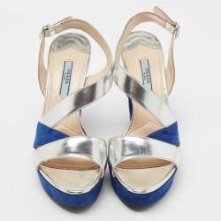 Pre Owned Prada Silver/Blue Leather and Suede Strappy Platform Sandals Size 37