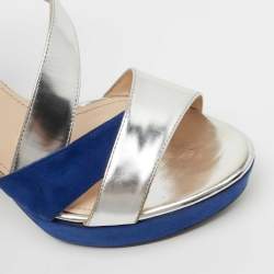 Pre Owned Prada Silver/Blue Leather and Suede Strappy Platform Sandals Size 37