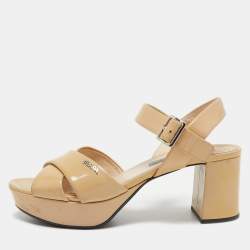 Prada Beige Patent Leather Criss Cross Platform Ankle Strap Sandals Size 37.5