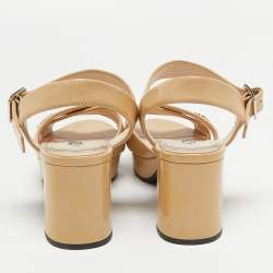 Prada Beige Patent Leather Criss Cross Platform Ankle Strap Sandals Size 37.5