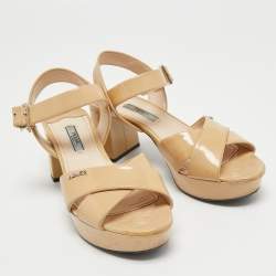 Prada Beige Patent Leather Criss Cross Platform Ankle Strap Sandals Size 37.5