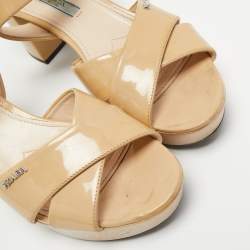 Prada Beige Patent Leather Criss Cross Platform Ankle Strap Sandals Size 37.5