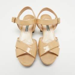 Prada Beige Patent Leather Criss Cross Platform Ankle Strap Sandals Size 37.5