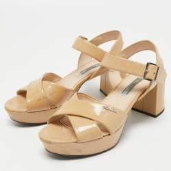 Prada Beige Patent Leather Criss Cross Platform Ankle Strap Sandals Size 37.5
