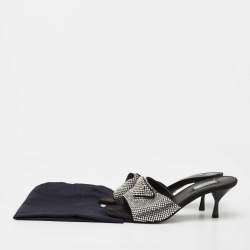 Pre Owned Prada Black Satin Crystal Embellished Logo Slide Sandals Size 39.5