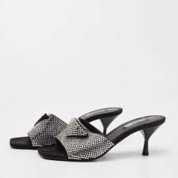 Pre Owned Prada Black Satin Crystal Embellished Logo Slide Sandals Size 39.5
