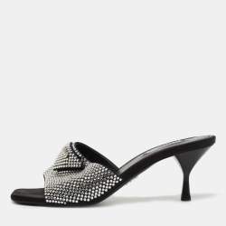 Prada Black Satin Crystal Embellished Logo Slide Sandals Size  Prada |  TLC