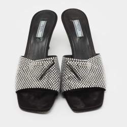 Pre Owned Prada Black Satin Crystal Embellished Logo Slide Sandals Size 39.5