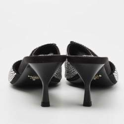 Pre Owned Prada Black Satin Crystal Embellished Logo Slide Sandals Size 39.5