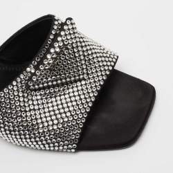 Pre Owned Prada Black Satin Crystal Embellished Logo Slide Sandals Size 39.5