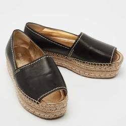 Pre Owned Prada Black Leather Peep Toe Platform Espadrille Flats Size 38