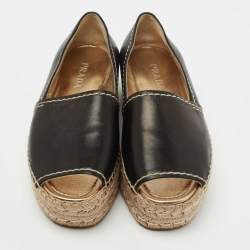 Pre Owned Prada Black Leather Peep Toe Platform Espadrille Flats Size 38