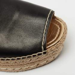 Pre Owned Prada Black Leather Peep Toe Platform Espadrille Flats Size 38