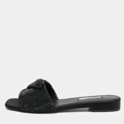 Prada Black Satin Crystal Embellished Flat Slides Size 38