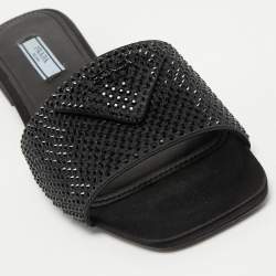 Prada Black Satin Crystal Embellished Flat Slides Size 38