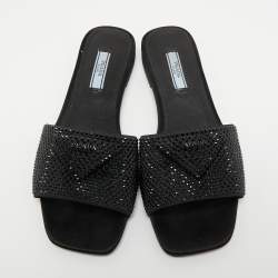 Prada Black Satin Crystal Embellished Flat Slides Size 38
